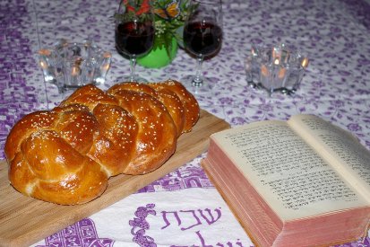 Shabbat Table with Challah, Torah, Candles and Wine Shabbat Table with Challah, Torah, Candles and Wine